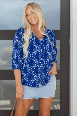 Blue Botanical Print Bracelet Sleeve Notched Neck Blouse Blue Botanical Print Bracelet Sleeve Notched Neck Blouse - Image 5