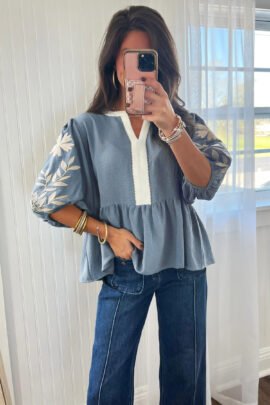 Smoke Green Color Block Patchwork V Neck Embroidered Puff Sleeve Babydoll Blouse Smoke Green Color Block Patchwork V Neck Embroidered Puff Sleeve Babydoll Blouse - Image 6