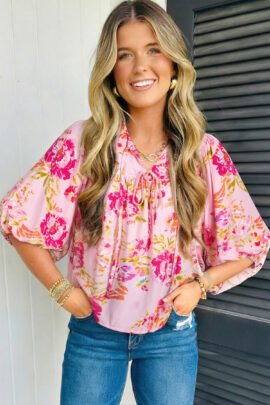Pink Floral Print Tie Neck Puffy Half Sleeve Blouse - Image 3