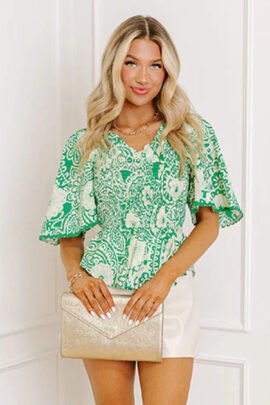 Green Flirty Floral Smocked V Neck Blouse Green Flirty Floral Smocked V Neck Blouse - Image 4