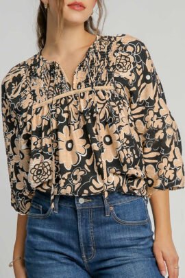 Black Floral Shirred Yoke Bracelet Sleeve Split Neck Boho Blouse Black Floral Shirred Yoke Bracelet Sleeve Split Neck Boho Blouse - Image 8