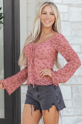 Peach Blossom Drawstring Knot Detail Floral Lace Blouse - Image 4