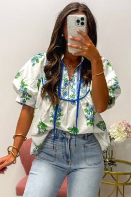 White Floral Print Contrast Trim Tie Neck Blouse White Floral Print Contrast Trim Tie Neck Blouse - Image 5