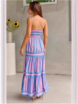 Summer Striped Printed Suspender Long Dress With Pockets Fashion Square Neck Backless Dresses For Beach Vacation Women Clothing - Image 3