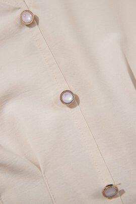 Oatmeal V Neck Long Sleeve Smocked Waist Elegant Blouse Oatmeal V Neck Long Sleeve Smocked Waist Elegant Blouse - Image 3