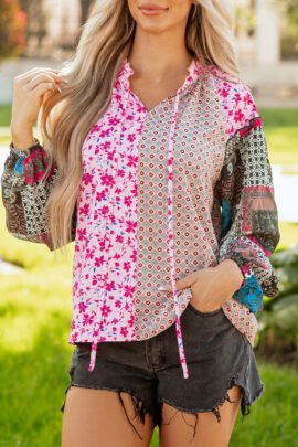 Pink Boho Mixed Floral Drop Shoulder Bubble Sleeve Blouse Pink Boho Mixed Floral Drop Shoulder Bubble Sleeve Blouse - Image 8