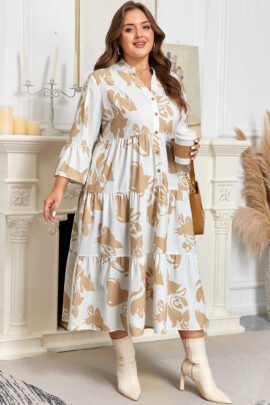Khaki Patterned Ruffled Sleeve Half Placket Tiered A-line Plus Size Long Dress Khaki Patterned Ruffled Sleeve Half Placket Tiered A-line Plus Size Long Dress - Image 4