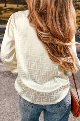 Oatmeal Geometric Jacquard V Neck Bishop Sleeve Blouse Oatmeal Geometric Jacquard V Neck Bishop Sleeve Blouse - Image 2