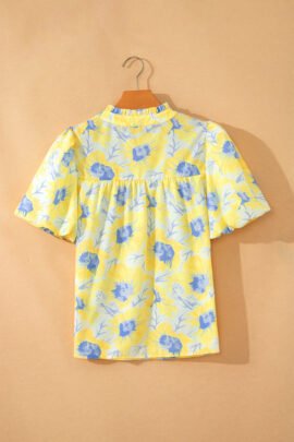 Pink Short Bubble Sleeve Summer Floral Blouse Pink Short Bubble Sleeve Summer Floral Blouse - Image 6