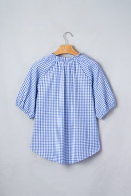 Sky Blue Summer Plaid V Neck Puff Sleeve Blouse Sky Blue Summer Plaid V Neck Puff Sleeve Blouse - Image 8