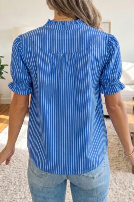 Blue Stripe Ruffled Short Puff Sleeve Button Front Blouse - Image 2