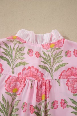 Pink Sweet Blooms Ruffle Striped Trim Puff Sleeve Shirt Pink Sweet Blooms Ruffle Striped Trim Puff Sleeve Shirt - Image 8