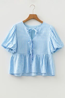 Sky Blue Stripe Bow Knot Textured Short Puff Sleeve Babydoll Blouse Sky Blue Stripe Bow Knot Textured Short Puff Sleeve Babydoll Blouse - Image 5