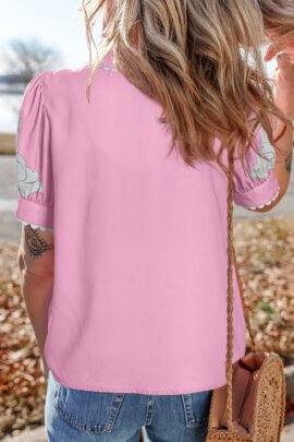 Green Floral Ric Rac Edge Puff Sleeve Button Up Summer Shirt - Image 8