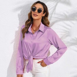 Women's Solid Color Satin Satin Long Sleeve Blouse - Image 3