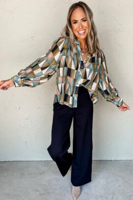 Green Geometric Print Buttoned Balloon Sleeve Loose Fit Shirt Green Geometric Print Buttoned Balloon Sleeve Loose Fit Shirt - Image 5