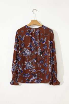 Brown Autumn Floral Print Smocked Cuffs Shift Blouse - Image 8