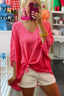 Rose Leopard Print Oversized Half Sleeve V Neck Top - Image 8