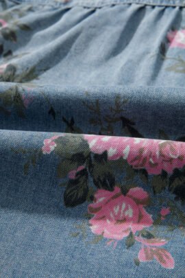 Blue Bracelet Sleeve Floral Denim Shirt - Image 4
