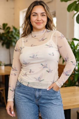 Beige Mesh Duck Print Tunic Long Sleeve Plus Size Blouse Beige Mesh Duck Print Tunic Long Sleeve Plus Size Blouse - Image 3
