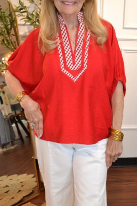 Red V Neck Plaid Collar Short Sleeve Tunic Blouse Red V Neck Plaid Collar Short Sleeve Tunic Blouse - Image 3
