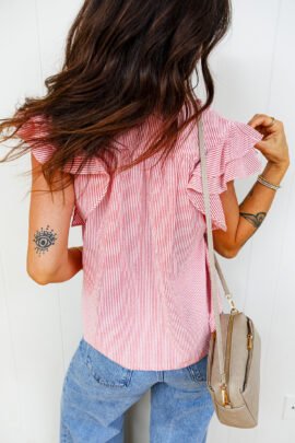 Red Stripe Frilly Split Neck Double Ruffled Short Sleeve Blouse - Image 2