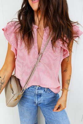 Red Stripe Frilly Split Neck Double Ruffled Short Sleeve Blouse - Image 6