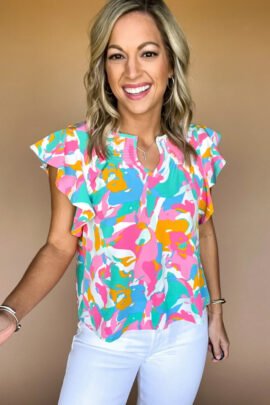 Multicolour Abstract Print Notched Neck Flutter Sleeve Blouse - Image 3