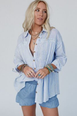 Sky Blue Stripe Striped Buttoned up Long Sleeve Shirt Sky Blue Stripe Striped Buttoned up Long Sleeve Shirt - Image 3
