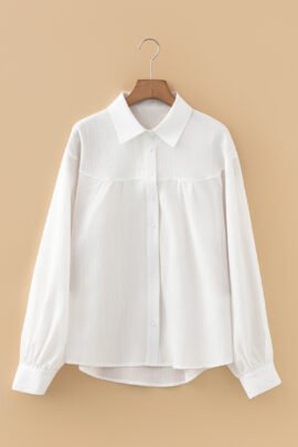 White Crinkled Texture Lantern Sleeve Button Down Loose Shirt White Crinkled Texture Lantern Sleeve Button Down Loose Shirt - Image 5