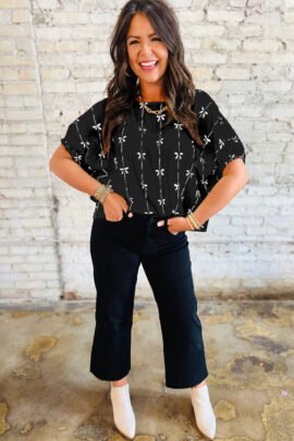 Beige Bow Print Puff Short Sleeve Top - Image 6