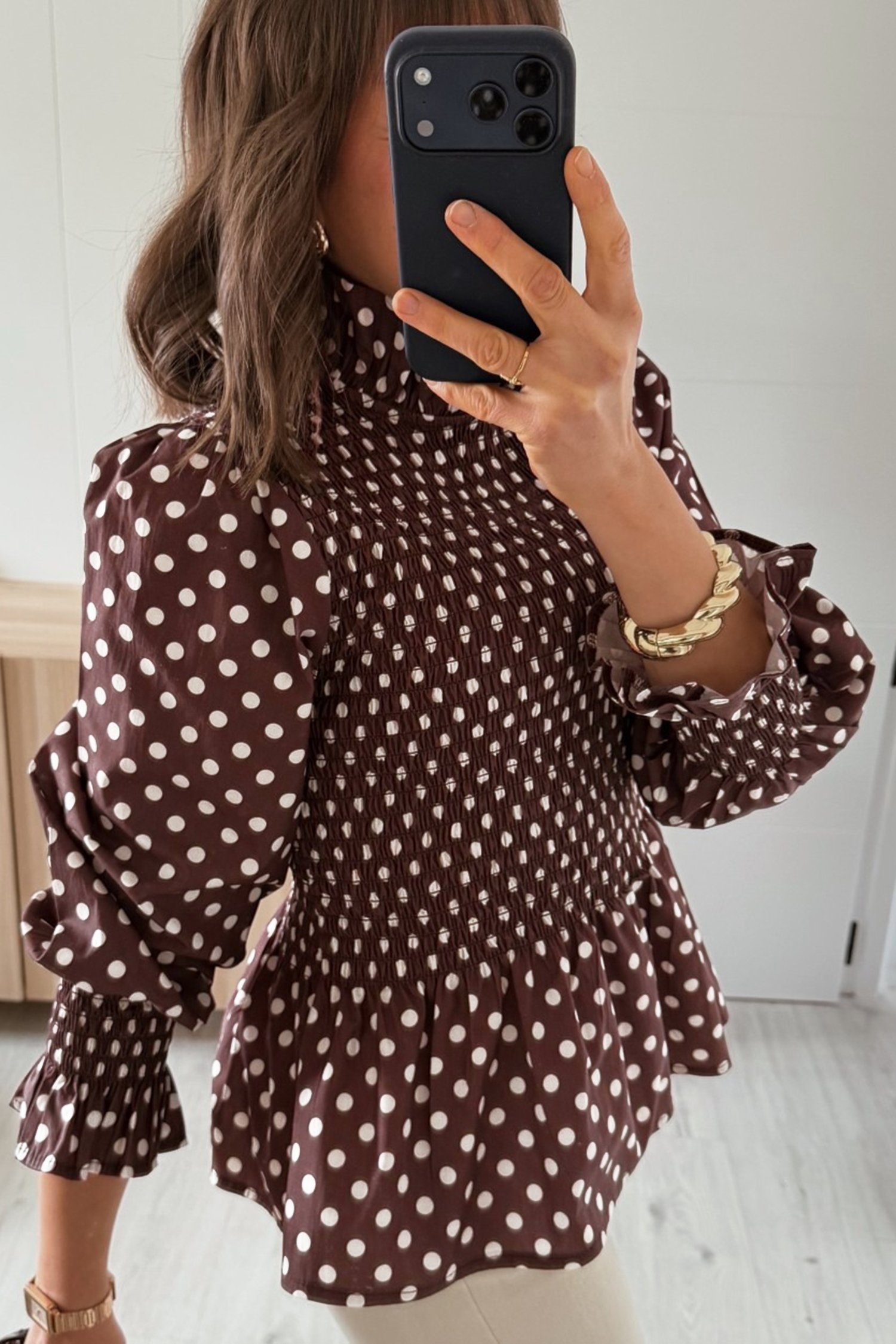 Brown Polka Dot Ruffled High Neck Shirred Ruffle Hem Blouse Brown Polka Dot Ruffled High Neck Shirred Ruffle Hem Blouse - Image 2
