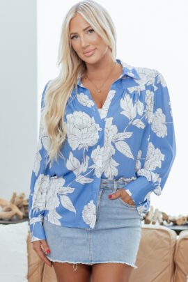 Sky Blue Floral Print Button Up Pleated Detail Puff Sleeve Shirt - Image 5