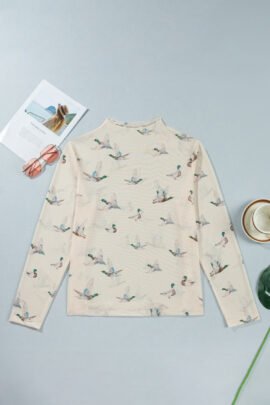 Beige Mesh Duck Print Tunic Long Sleeve Plus Size Blouse Beige Mesh Duck Print Tunic Long Sleeve Plus Size Blouse - Image 4
