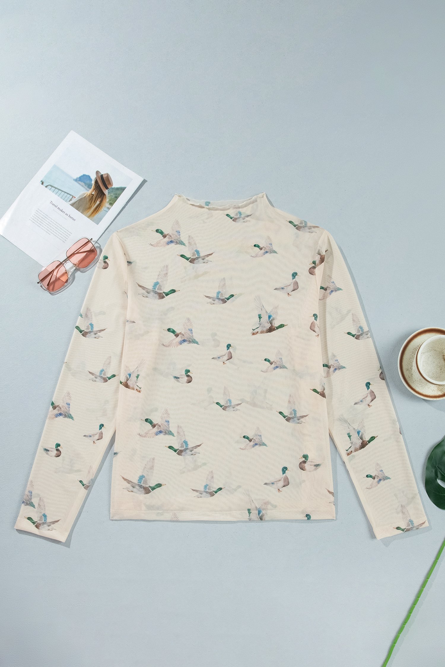 Beige Mesh Duck Print Tunic Long Sleeve Plus Size Blouse Beige Mesh Duck Print Tunic Long Sleeve Plus Size Blouse - Image 4