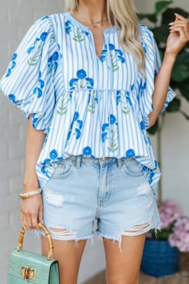 Sky Blue Floral Print Tie Neck Puff Sleeve Blouse Sky Blue Floral Print Tie Neck Puff Sleeve Blouse - Image 3
