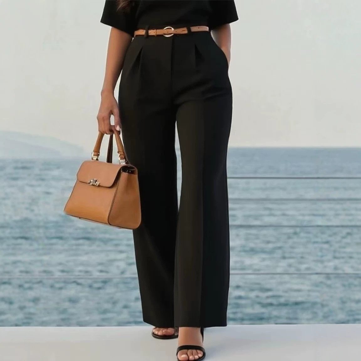 Belted High Waist Wide Leg Office Pants