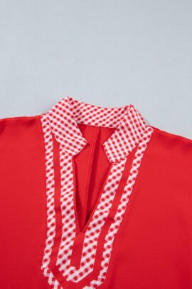 Red V Neck Plaid Collar Short Sleeve Tunic Blouse Red V Neck Plaid Collar Short Sleeve Tunic Blouse - Image 8