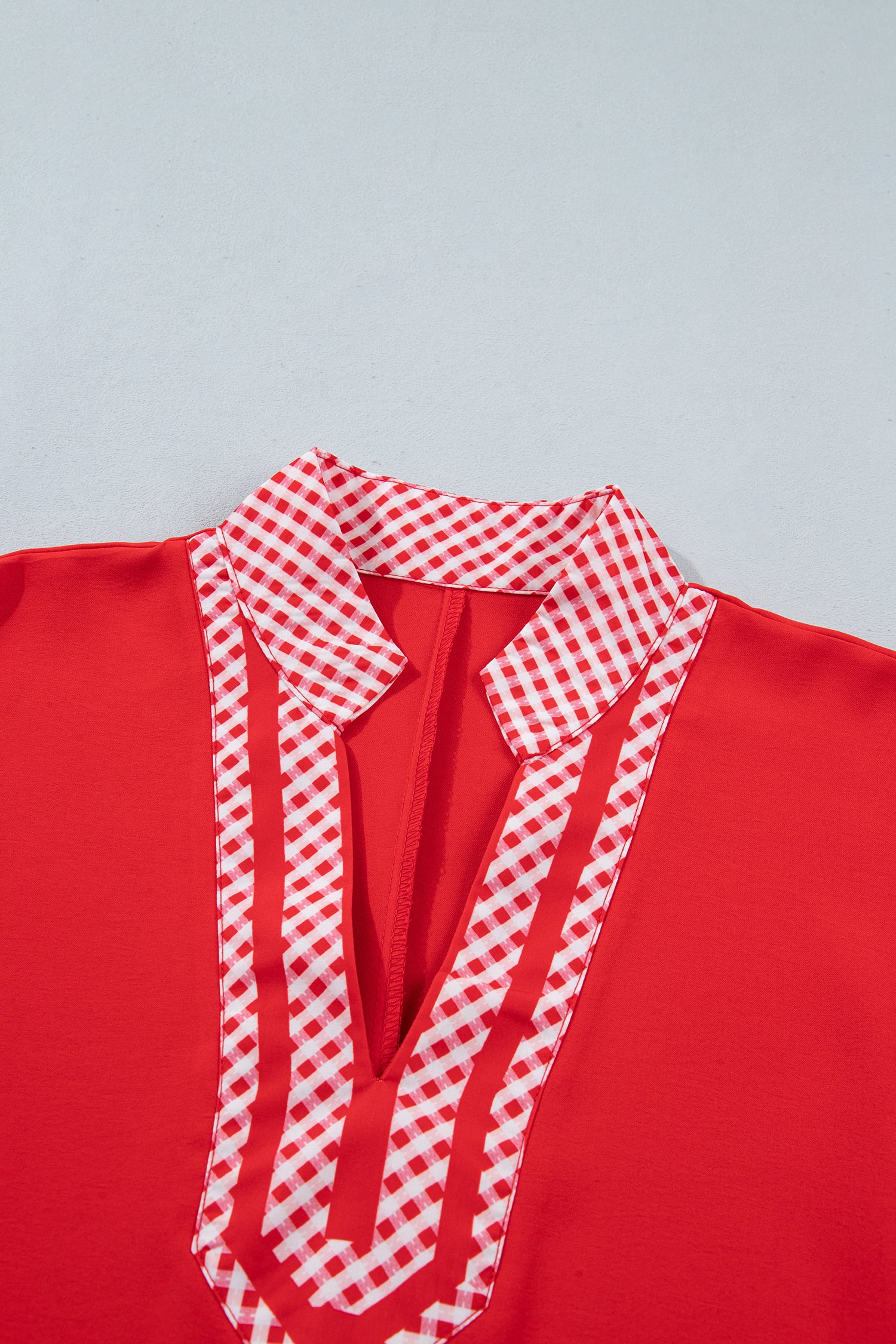 Red V Neck Plaid Collar Short Sleeve Tunic Blouse Red V Neck Plaid Collar Short Sleeve Tunic Blouse - Image 8