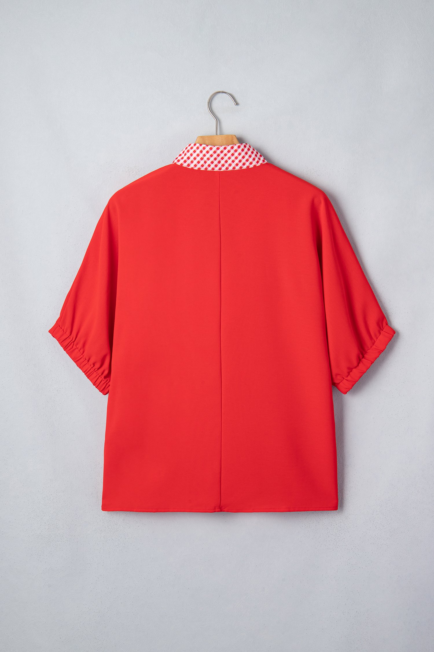 Red V Neck Plaid Collar Short Sleeve Tunic Blouse Red V Neck Plaid Collar Short Sleeve Tunic Blouse - Image 7