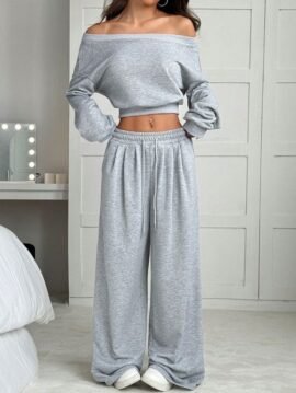 Casual 2-piece Set One-shoulder Long-sleeved Sweatshirt Women's Suit Autumn New Fashion Elastic Waist Tie Loose Sports Trousers