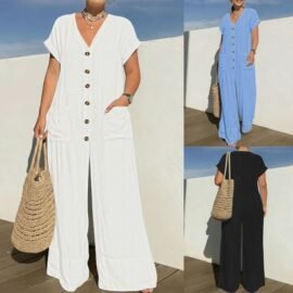 Women's Casual Wide Leg Button Jumpsuit with Pockets