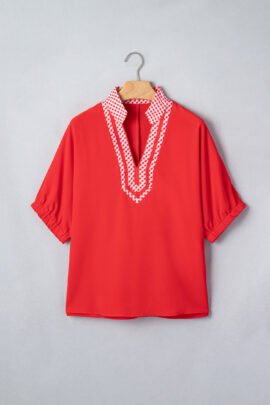 Red V Neck Plaid Collar Short Sleeve Tunic Blouse Red V Neck Plaid Collar Short Sleeve Tunic Blouse - Image 6