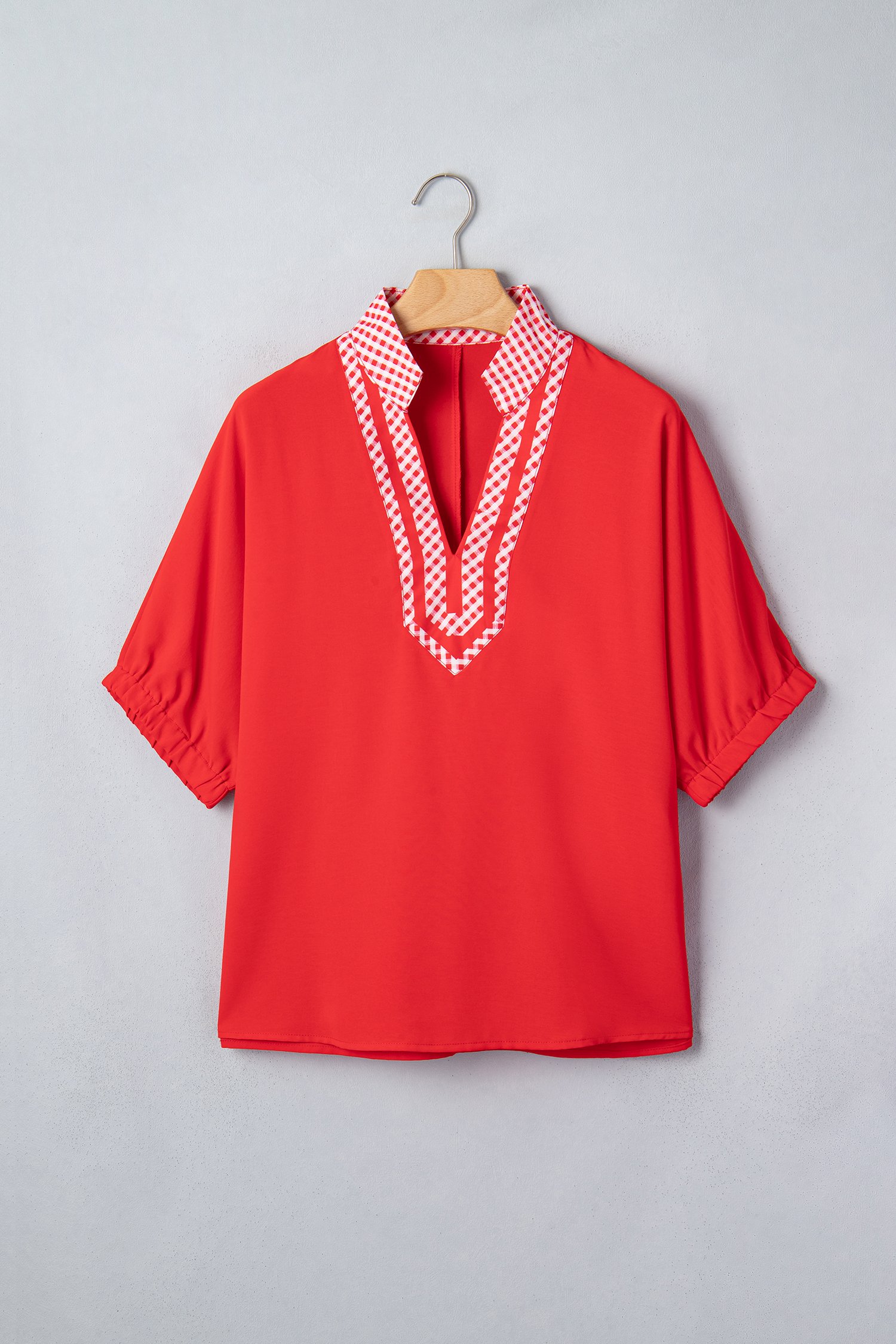 Red V Neck Plaid Collar Short Sleeve Tunic Blouse Red V Neck Plaid Collar Short Sleeve Tunic Blouse - Image 6