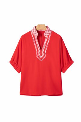 Red V Neck Plaid Collar Short Sleeve Tunic Blouse Red V Neck Plaid Collar Short Sleeve Tunic Blouse - Image 13