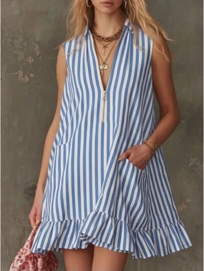 Striped Zipper Neck Ruffle Hem Dress 20da3ddb-6576-45db-8231-b55f2c26a017-Max-Origin
