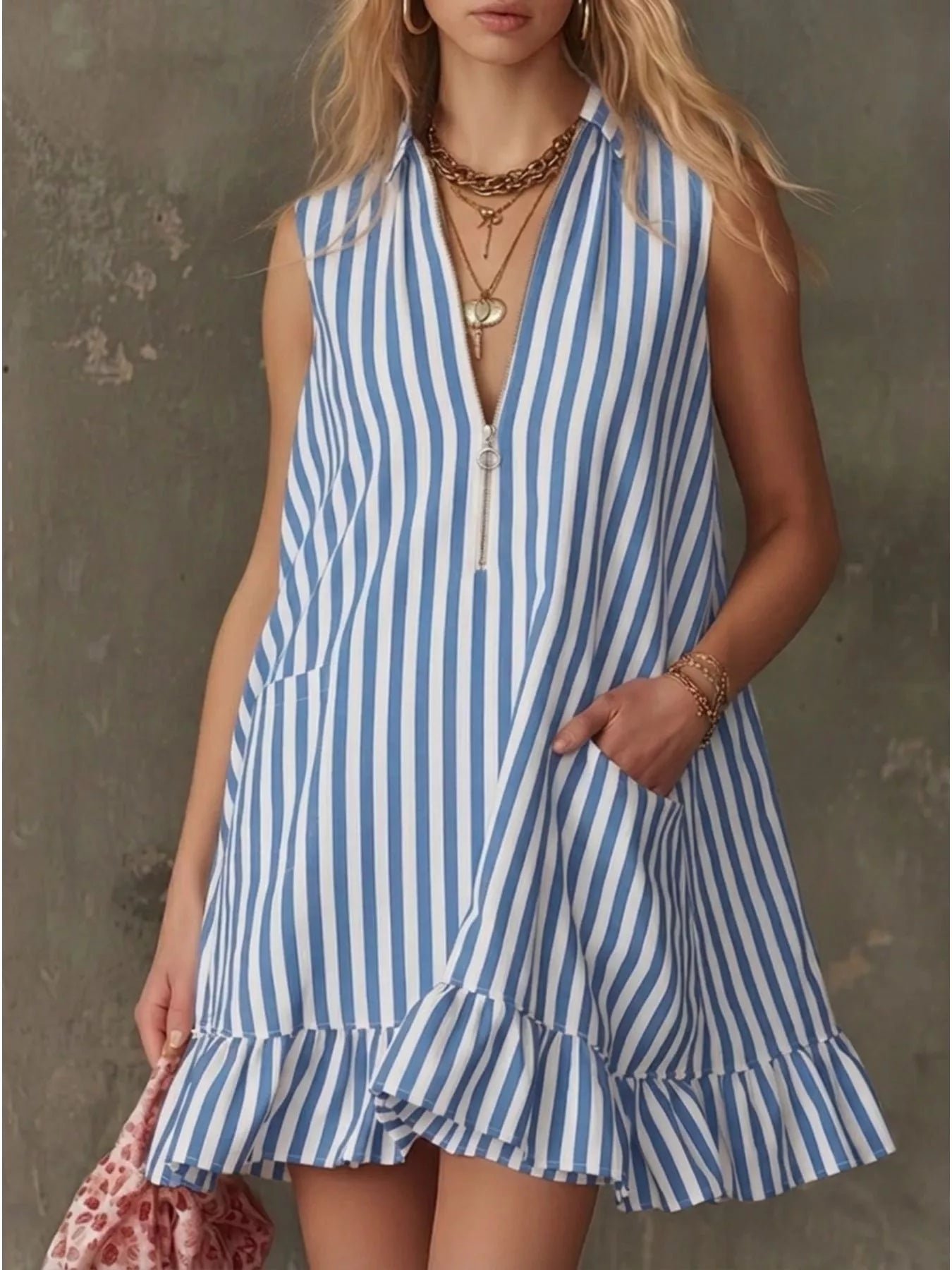 Striped Zipper Neck Ruffle Hem Dress 20da3ddb-6576-45db-8231-b55f2c26a017-Max-Origin