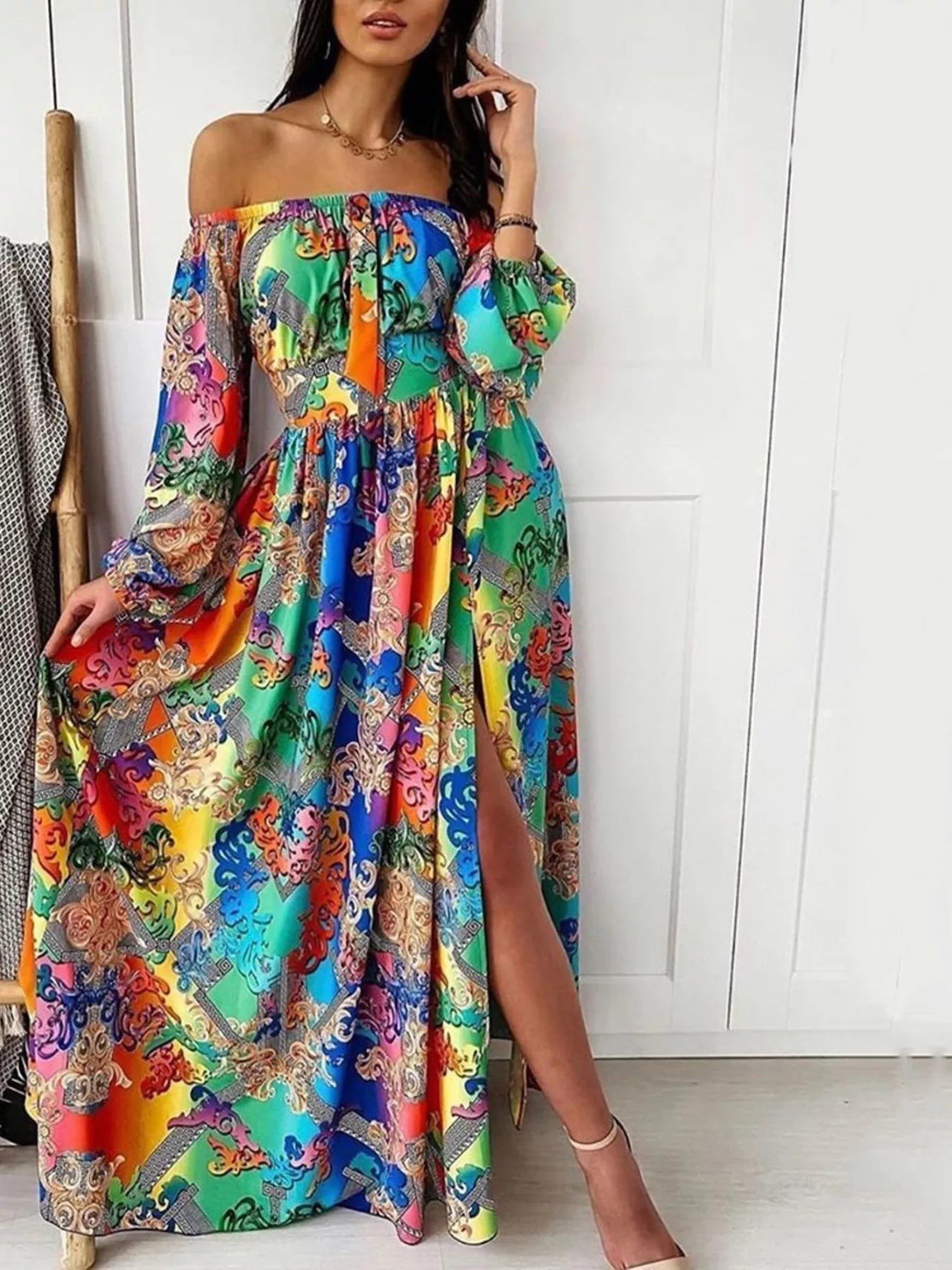 Slit Printed Off Shoulder Maxi Dress cc000cb3cee44ec491815b240bd1c778-Max-Origin