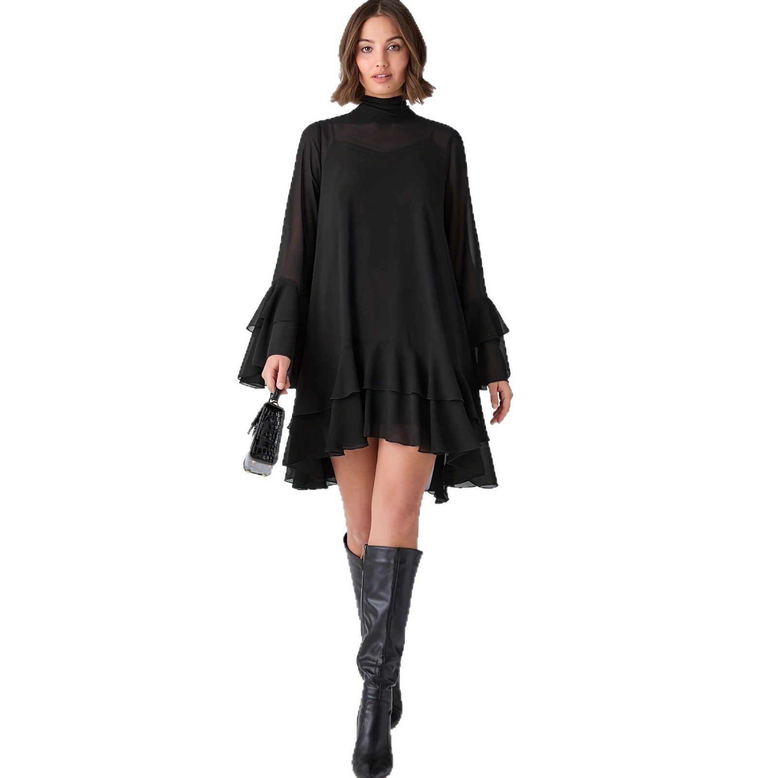 Chiffon Half-high Neck Dress With Flared Sleeves Chiffon Half-high Neck Dress With Flared Sleeves - Image 5
