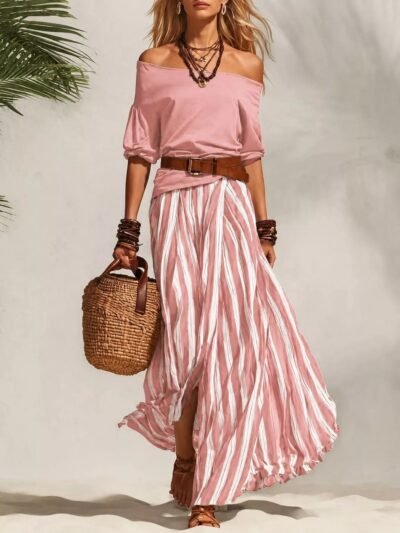 Off Shoulder Top and Striped Maxi Skirt Set ab9bc82d9d394f2daf6b50c79243dc84-Max-Origin